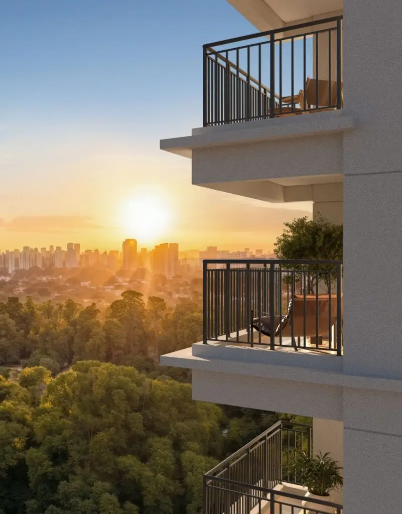 Varanda moderna com vista panorâmica e pôr do sol em São Paulo