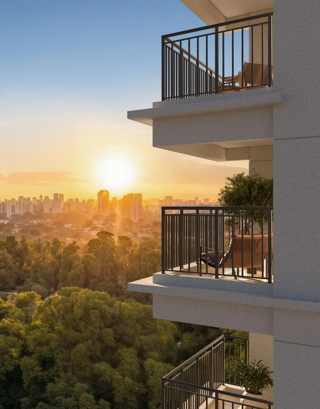 Varanda moderna com vista panorâmica e pôr do sol em São Paulo