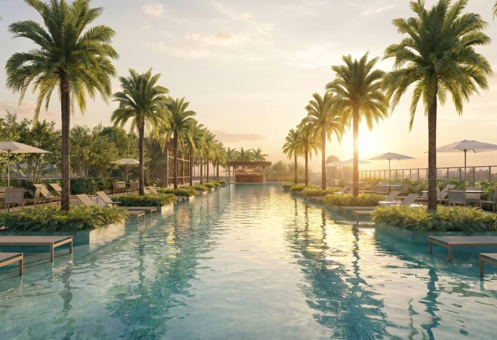 Luxuosa piscina com palmeiras, ideal para relaxamento em São Paulo