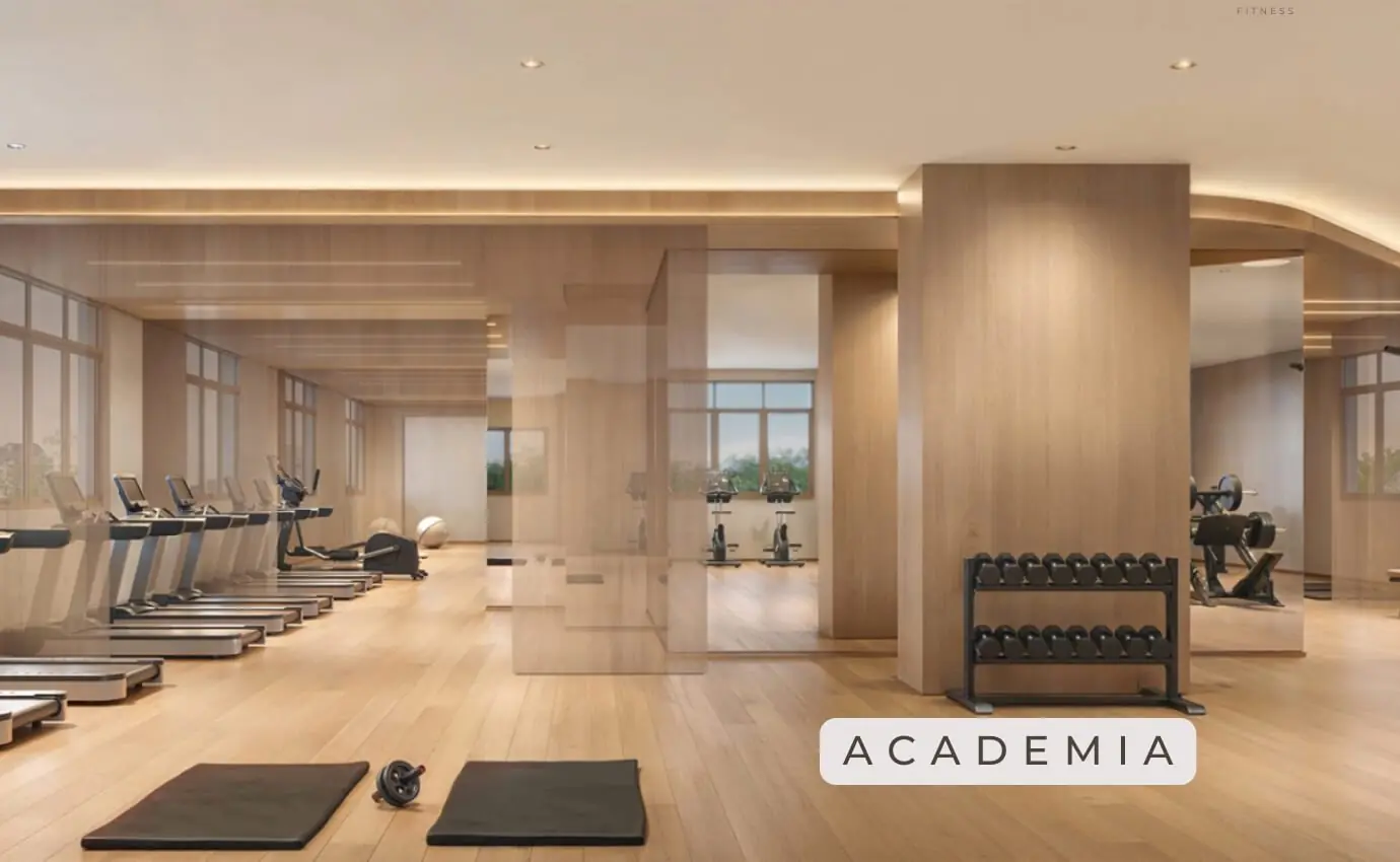 Academia moderna com equipamentos de fitness e ambiente iluminado em Jardim da Hípica