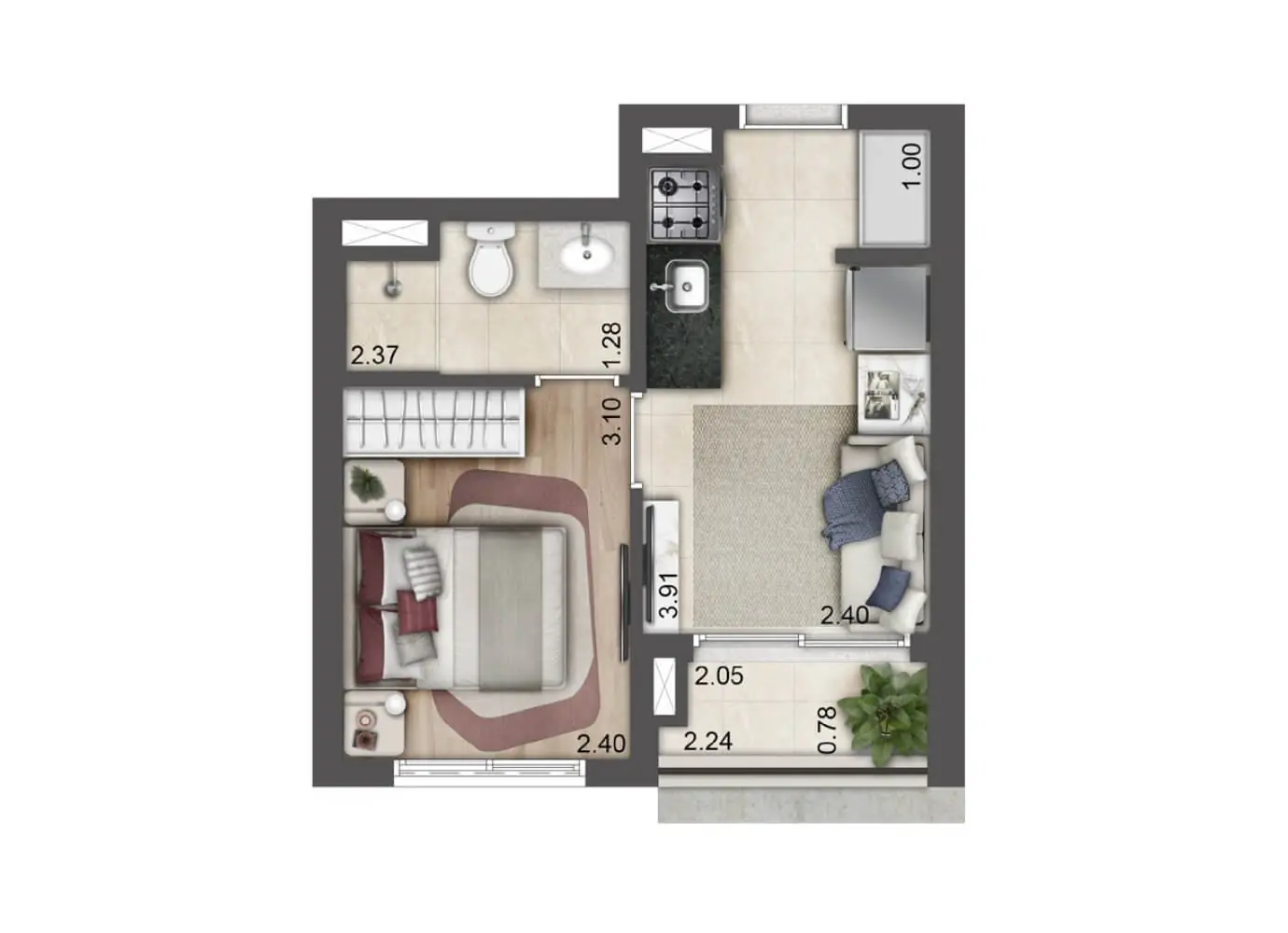 Apartamento compacto com sala, quarto, cozinha e banheiro no Jardim da Hípica