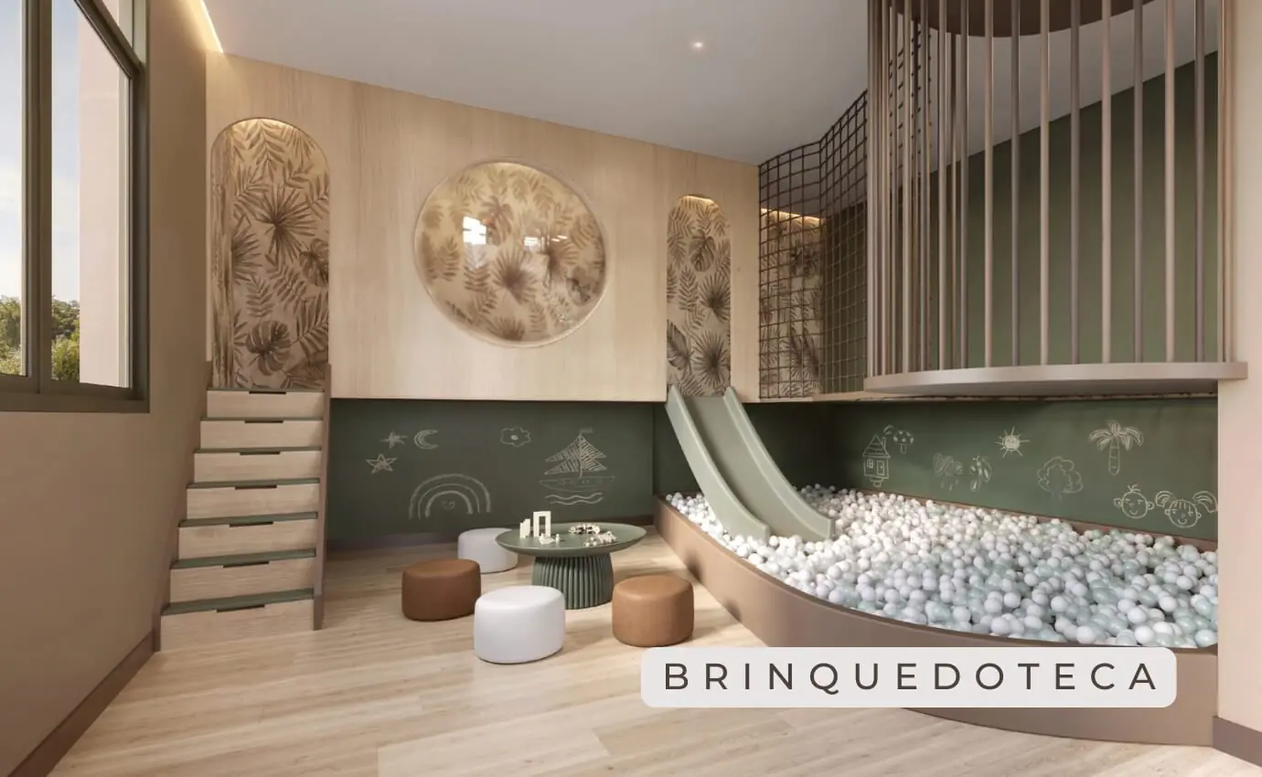 Espaço infantil moderno com piscina de bolinhas e escorregador no Jardim da Hípica