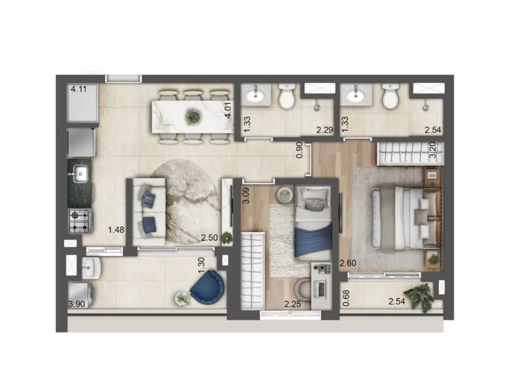 Planta do apartamento Jardim da Hípica, amplos ambientes e boa distribuição