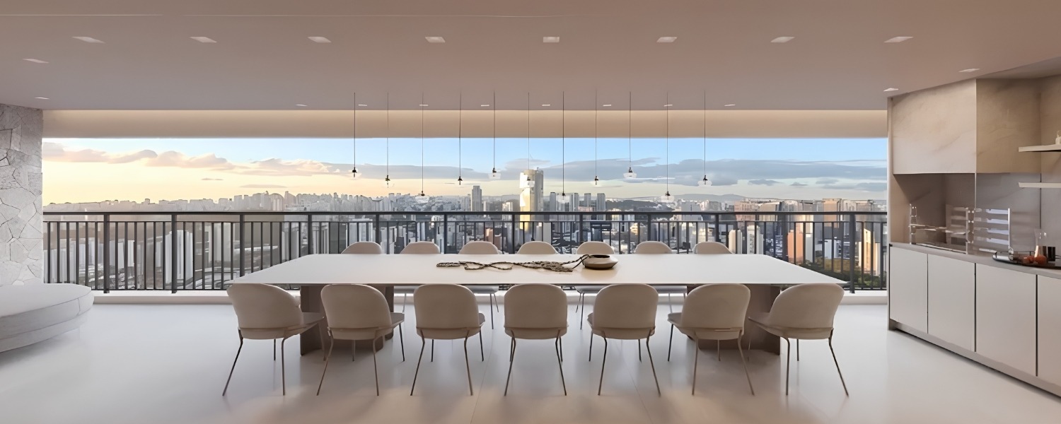Ambiente luxuoso com vista urbana, perfeito para dining e entretenimento.