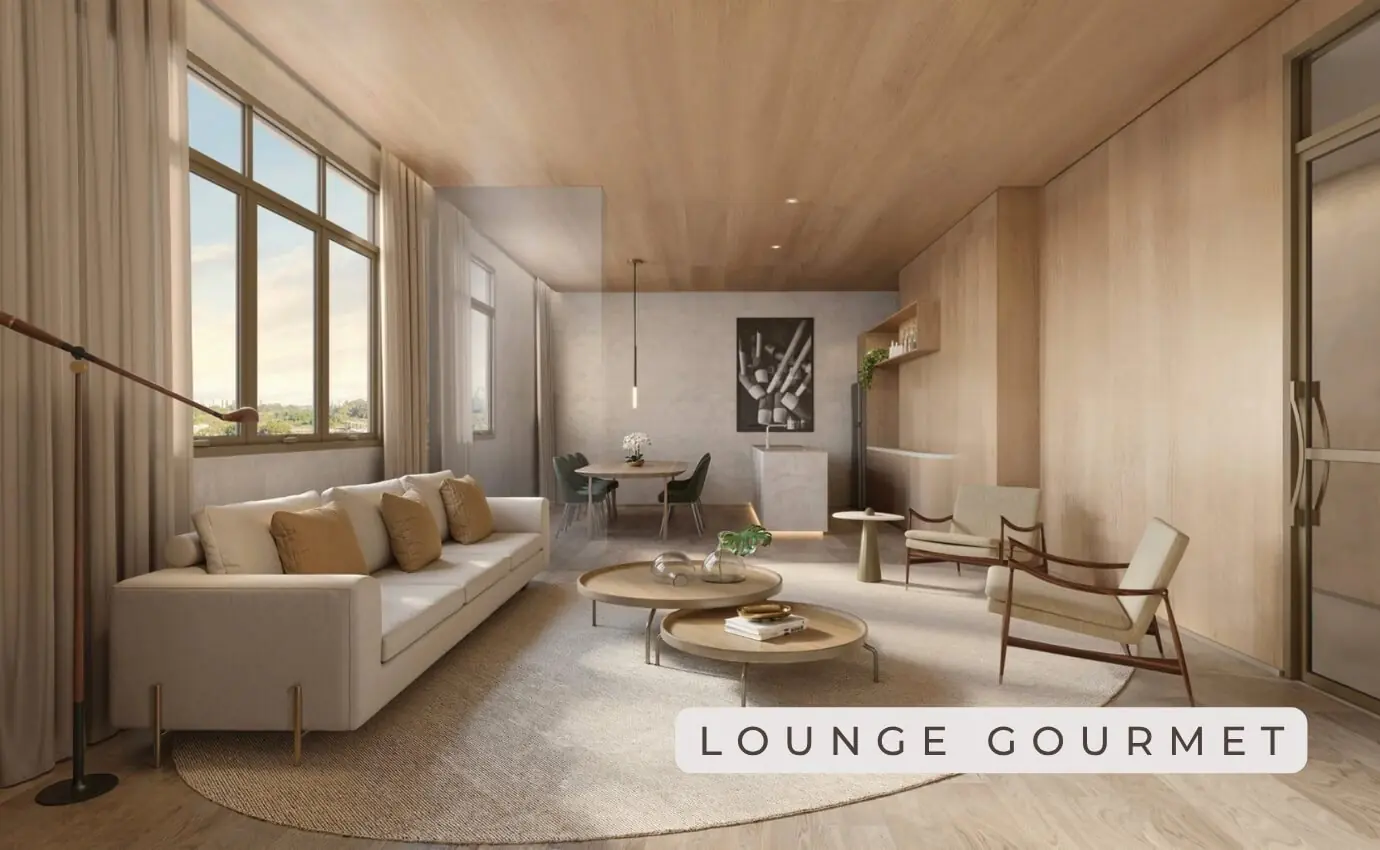 Lounge gourmet sofisticado, ambiente moderno e aconchegante no Jardim da Hípica